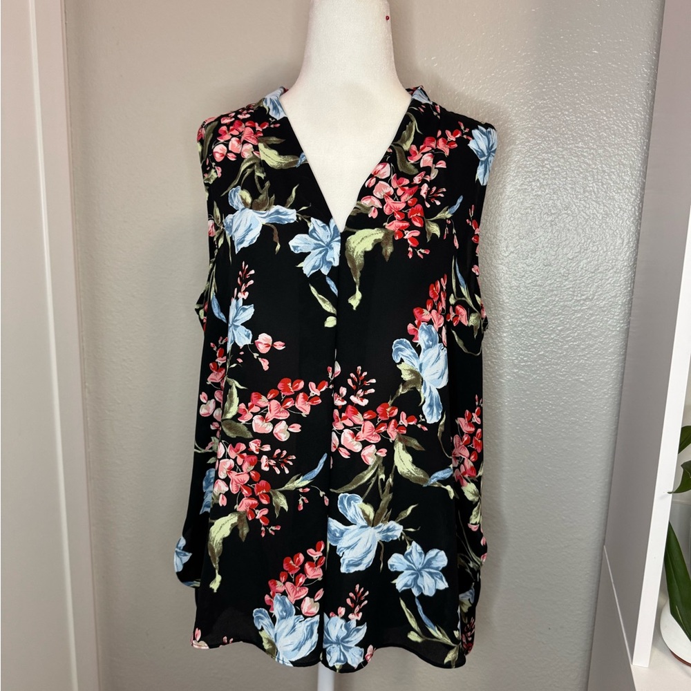 Vince Camuto Floral Sleeveless Top - Black with Blue and Pink Accents
